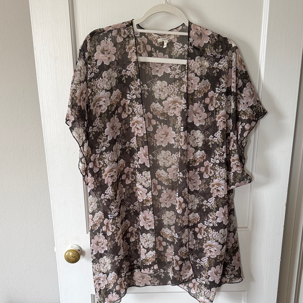 Maurices Black Floral Sheer Kimono with Blush Accents